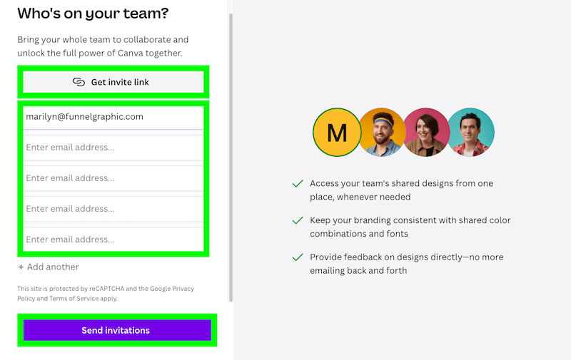 send invite links to team member emails on canva