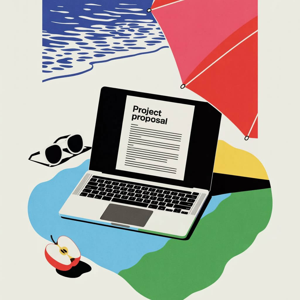 A laptop displaying a project proposal on a beach, surrounded by sunglasses, an apple, and a red umbrella by the shoreline.