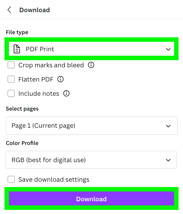 select PDF Print and download button in canva