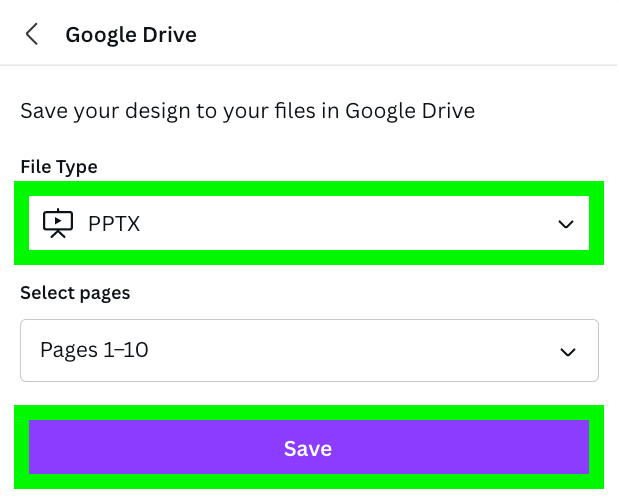 select PPTX file type and click save button in canva