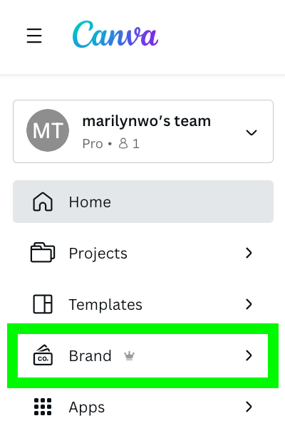 select Brand on the left panel of Canva dashboard