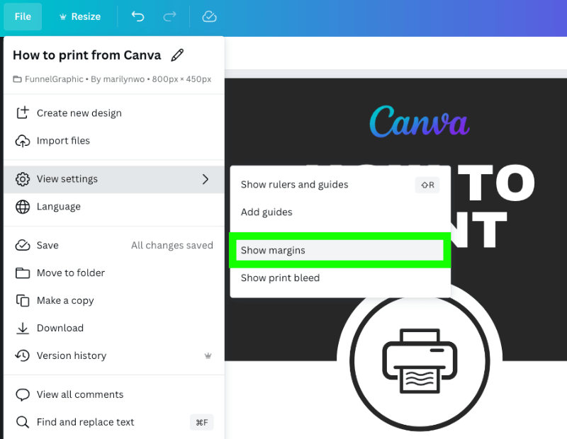show margins to print from canva