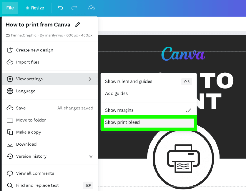 select show print bleed in file canva