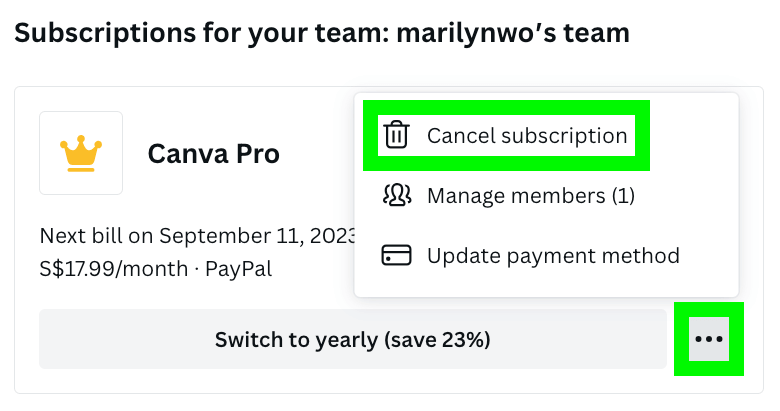 select cancel subscription in subscription for your team section in canva — can I cancel Canva anytime
