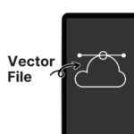 Computer screen displaying a cloud vector illustration. Text "Vector File" with an arrow pointing to the cloud graphic, highlighting design features.