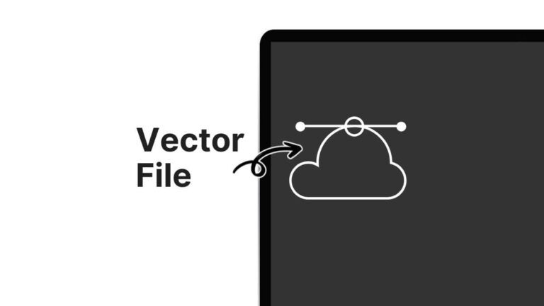 Computer screen displaying a cloud vector illustration. Text "Vector File" with an arrow pointing to the cloud graphic, highlighting design features.