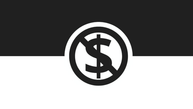 A flag design featuring a black and white color scheme, with a crossed-out dollar symbol in a circle at the center.