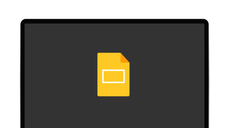 A yellow document icon displayed on a dark screen, resembling a Google Slides logo on a computer monitor.