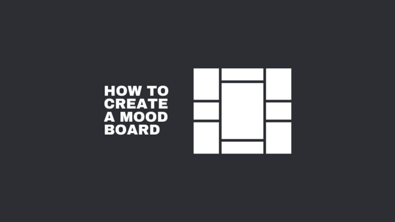 Dark gray image with white text saying "How to Create a Mood Board" next to a grid layout graphic design.
