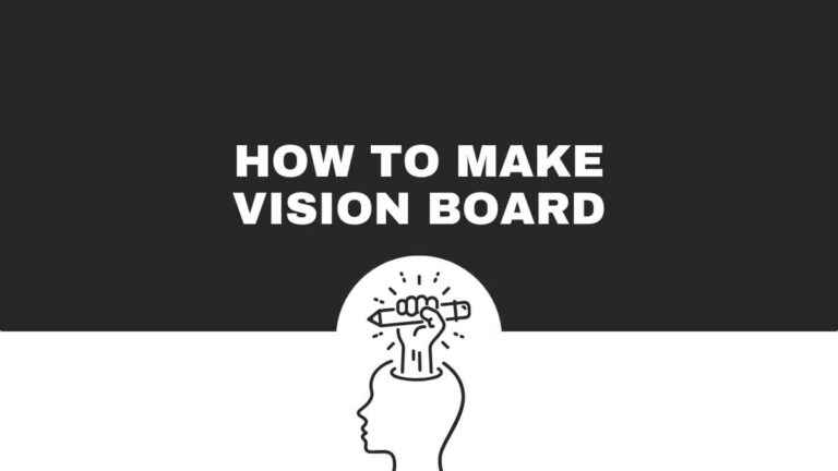 The image shows a design with "How to Make Vision Board" text above a silhouette head holding a pencil, symbolizing creativity.