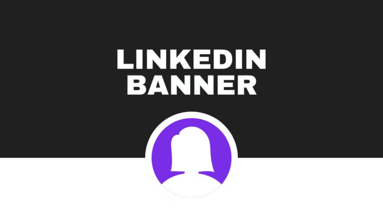 This LinkedIn banner design features a black and white background with a purple silhouette profile icon in the center, topped with bold text.