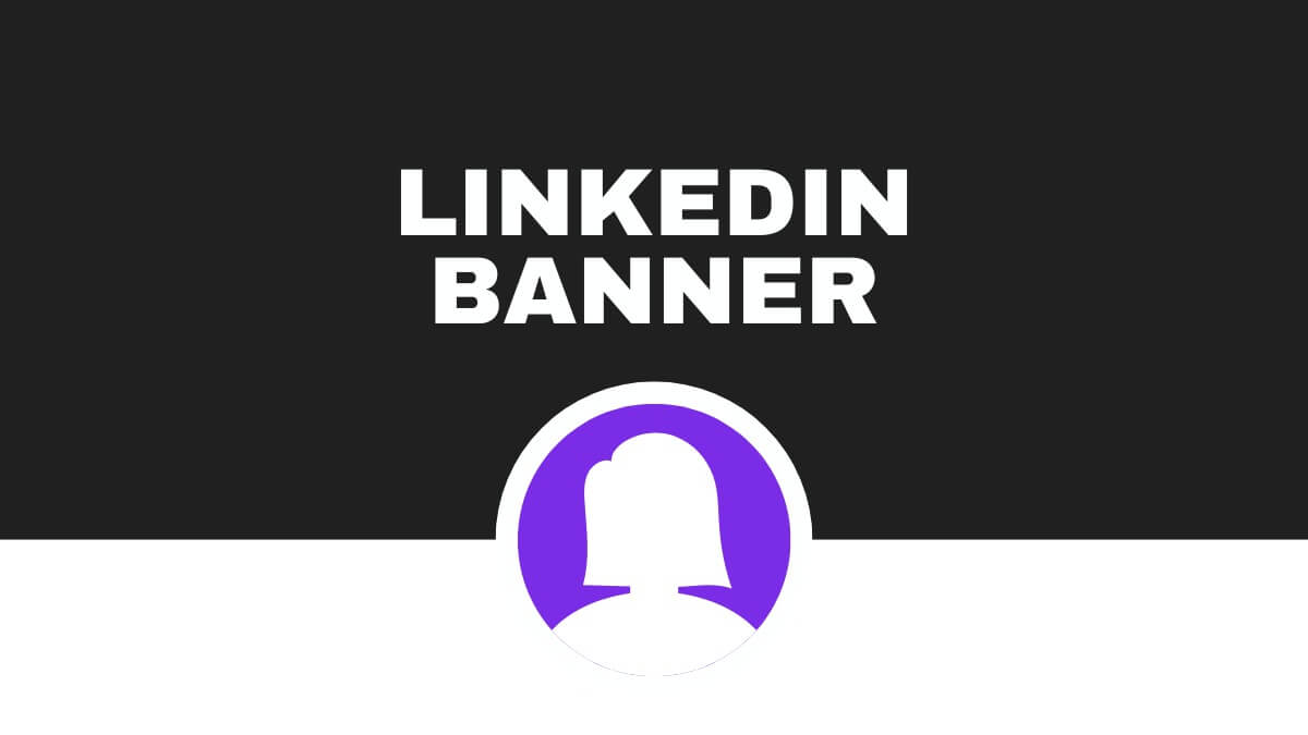 This LinkedIn banner design features a black and white background with a purple silhouette profile icon in the center, topped with bold text.