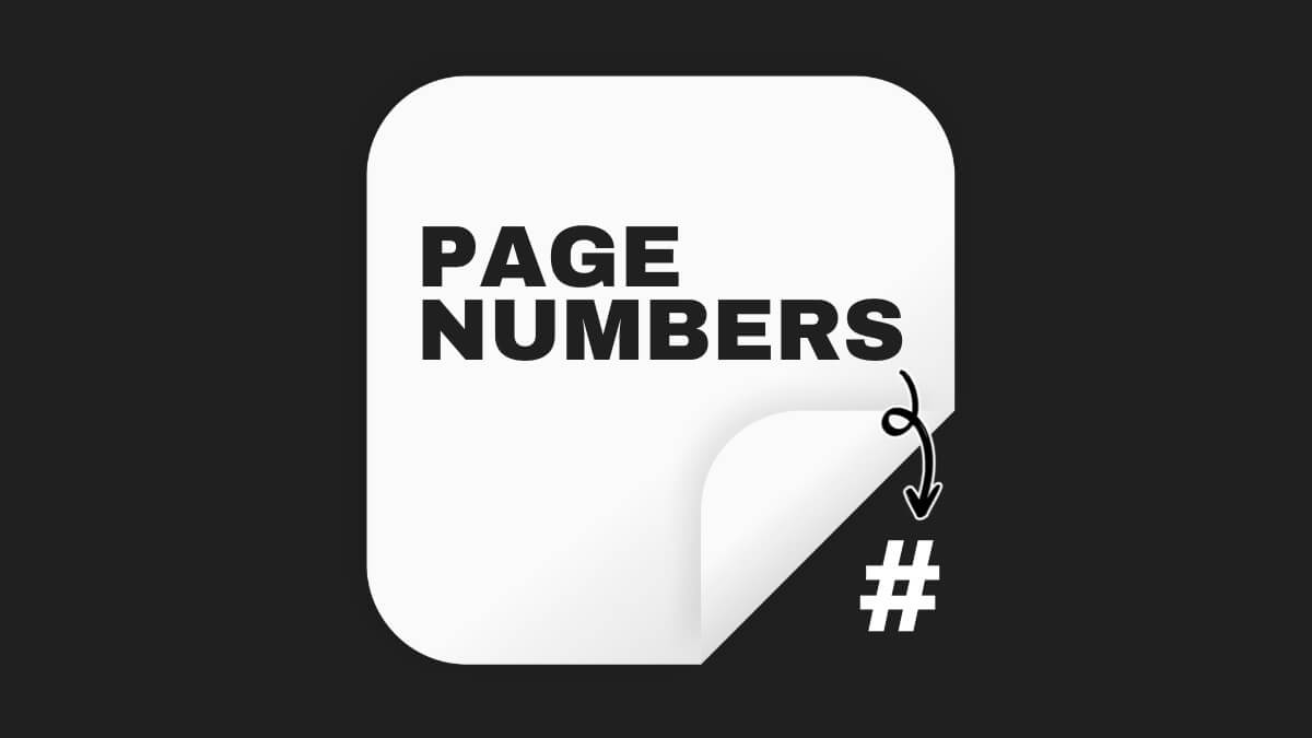 White icon with "PAGE NUMBERS" text. Lower corner curls, revealing a hashtag symbol beneath. Simple, minimalist design on black background.