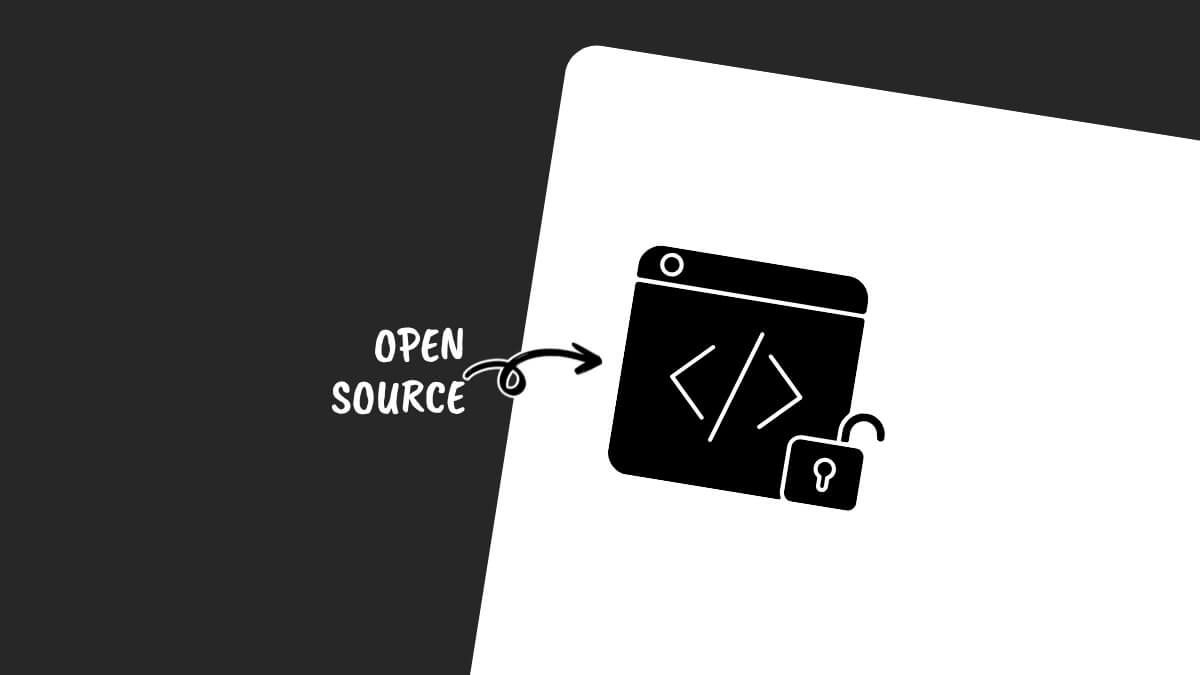 Black and white illustration of open source software. Features code symbol, open lock, and "Open Source" text with arrow on contrasting background.