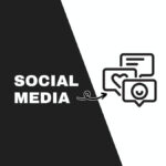 Black and white graphic with text "Social Media," featuring icons of speech bubbles, a heart, and smiley face. Simple and modern design.