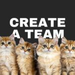 Four fluffy kittens sit in front of the text "CREATE A TEAM" against a solid dark background.