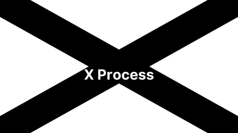 A black “X” crosses a white background with the text “X Process” centered. Simple, stark design emphasizes contrast and clarity.