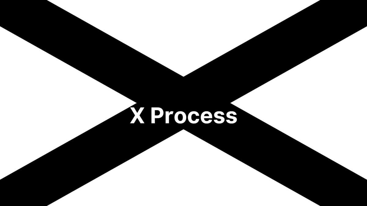 A black “X” crosses a white background with the text “X Process” centered. Simple, stark design emphasizes contrast and clarity.