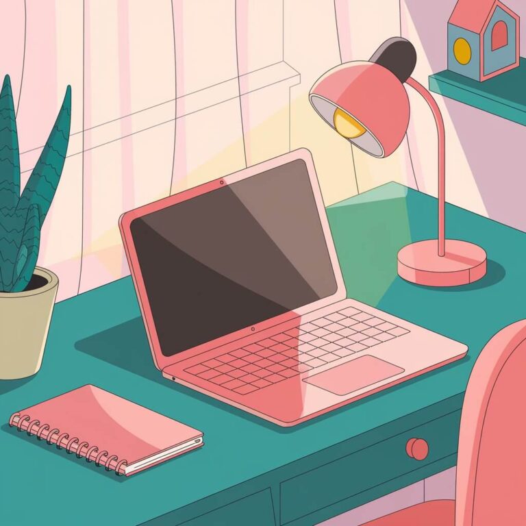 A cozy workspace with a laptop, lamp, and notebook on a desk. Potted plant and shelf decor enhance the minimalist room.