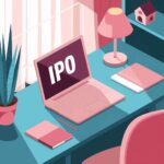 A colorful workspace features a laptop displaying "IPO," surrounded by a plant, lamp, and books on a desk, creating a cozy atmosphere.