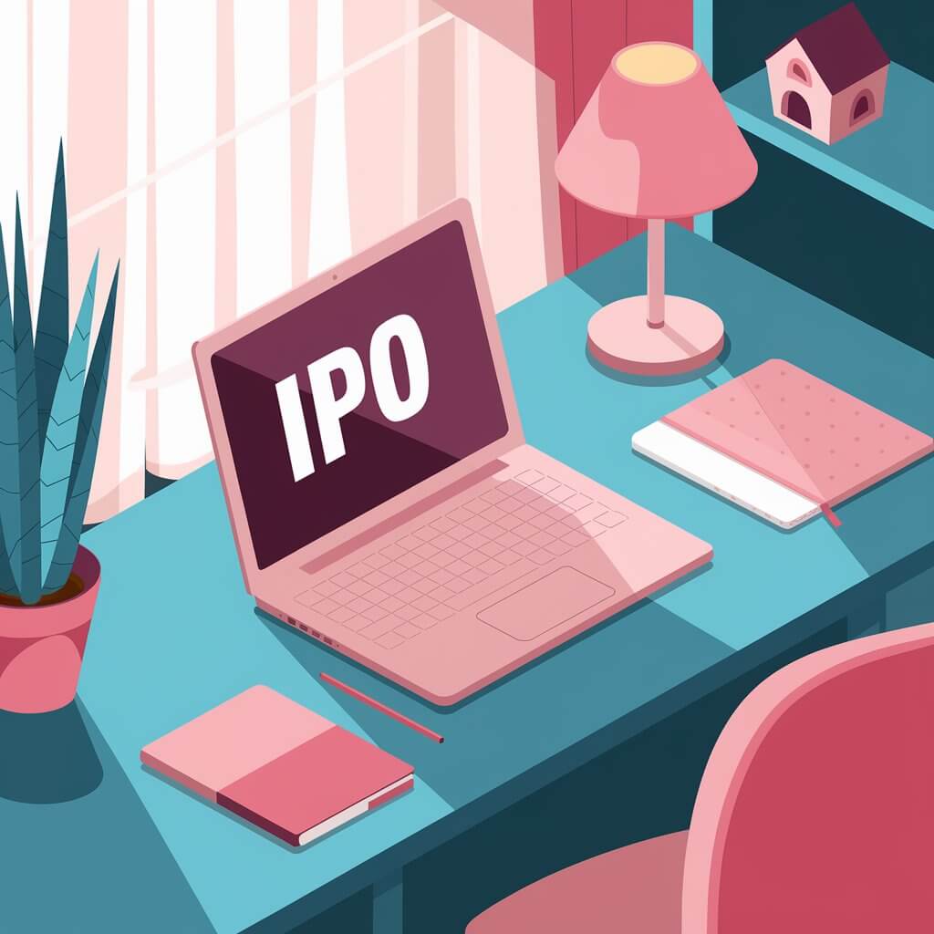 A colorful workspace features a laptop displaying "IPO," surrounded by a plant, lamp, and books on a desk, creating a cozy atmosphere.