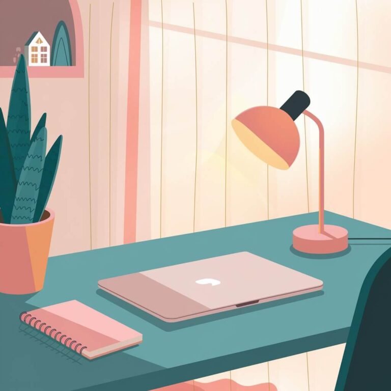 A cozy workspace with a closed laptop, pink notebook, potted plant, and a desk lamp by a softly lit window.