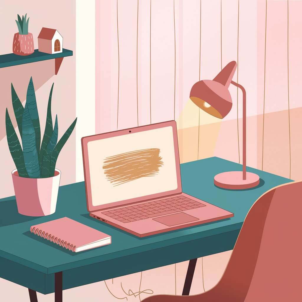 A cozy workspace with a laptop, table lamp, and notebook on a teal desk, decorated with a plant and small shelf items.