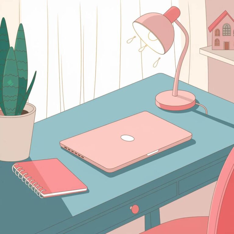 A minimalistic desk setup with a closed laptop, notebook, lamp, potted plant, and decorative house model on a teal table.