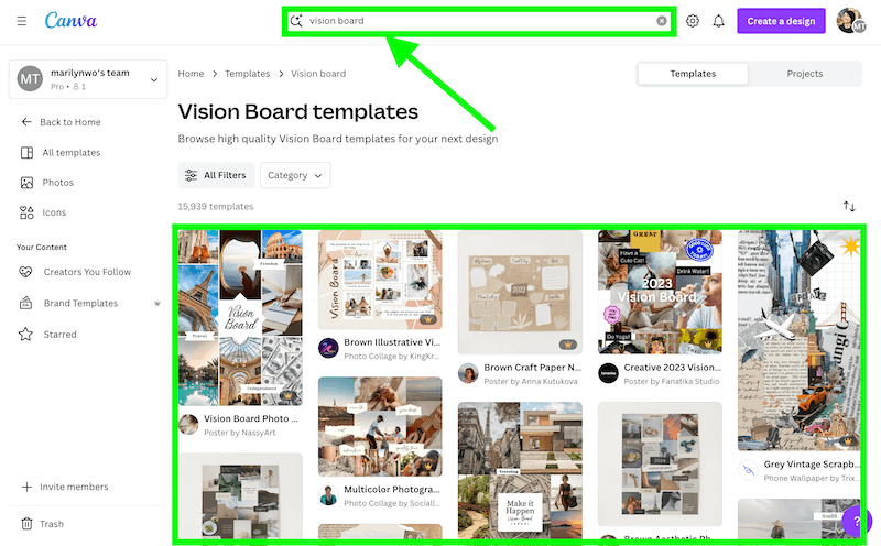 enter the words vision board into the search bar in canva