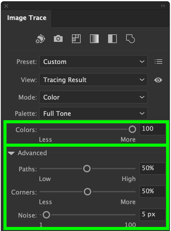 advanced options in image trace panel in illustrator