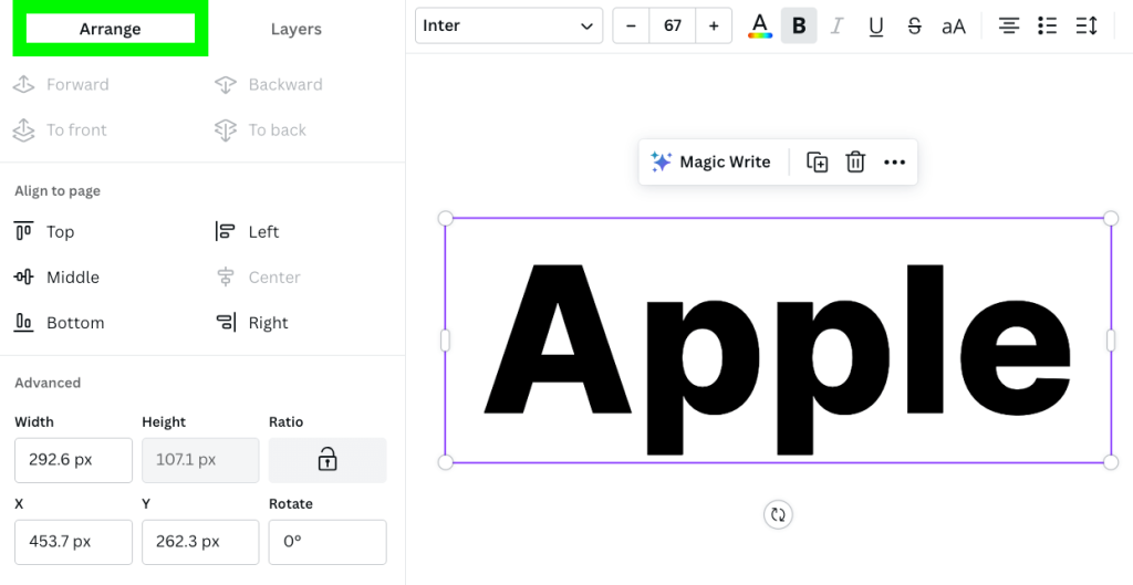go to arrange tab in Position section in canva