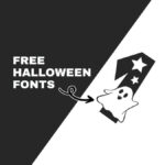 A ghost illustration with stars and arrow accompanies "Free Halloween Fonts" text on a black and white background.