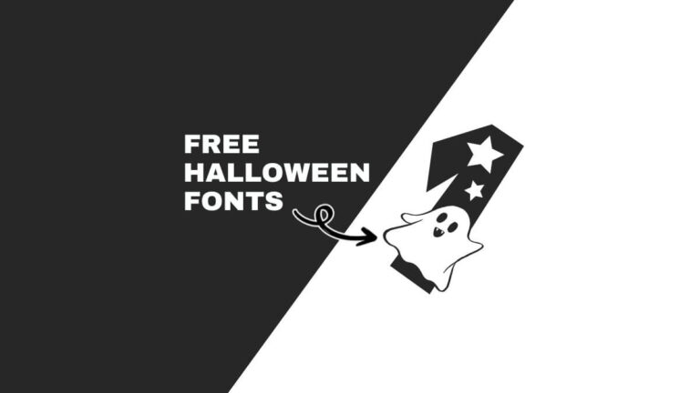 A ghost illustration with stars and arrow accompanies "Free Halloween Fonts" text on a black and white background.