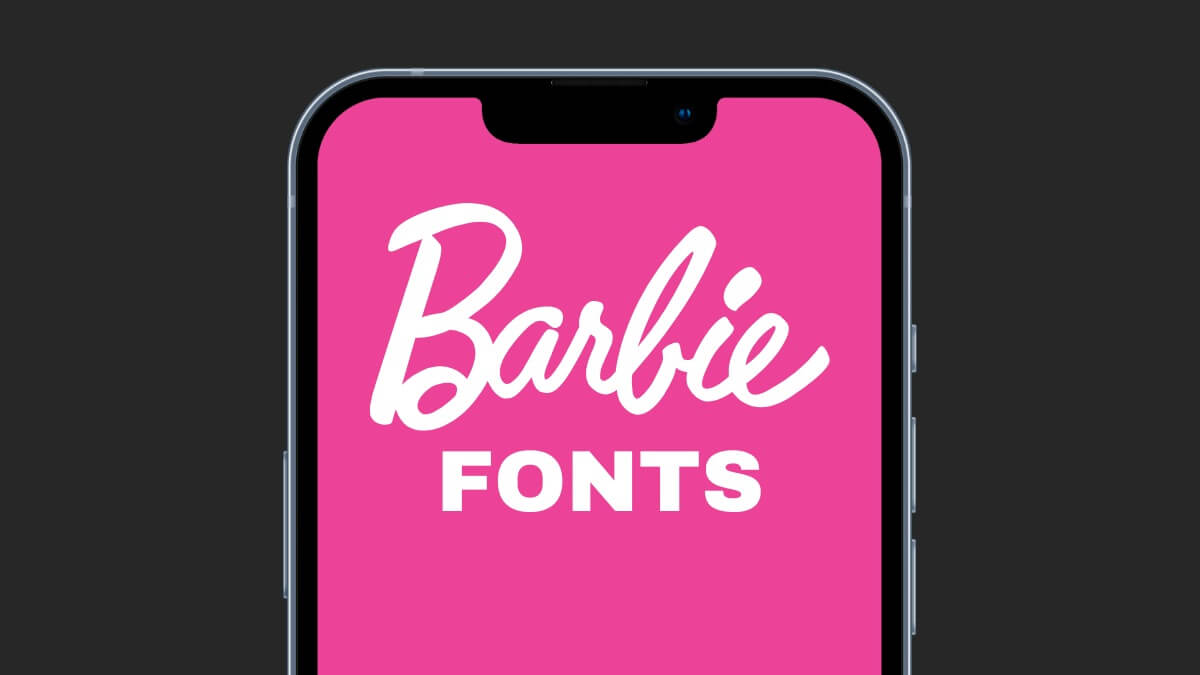 A smartphone displays "Barbie Fonts" on a vibrant pink background. The screen is centered against a dark backdrop, highlighting the playful text.