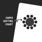 Illustration of a round seating arrangement with arrow pointing to it, labeled "Canva Seating Chart" on a black and white background.