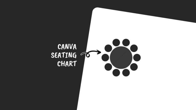 Illustration of a round seating arrangement with arrow pointing to it, labeled "Canva Seating Chart" on a black and white background.