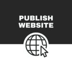 Black and white graphic features "PUBLISH WEBSITE" text above a globe icon with an arrow cursor, symbolizing internet publishing or launching a website.
