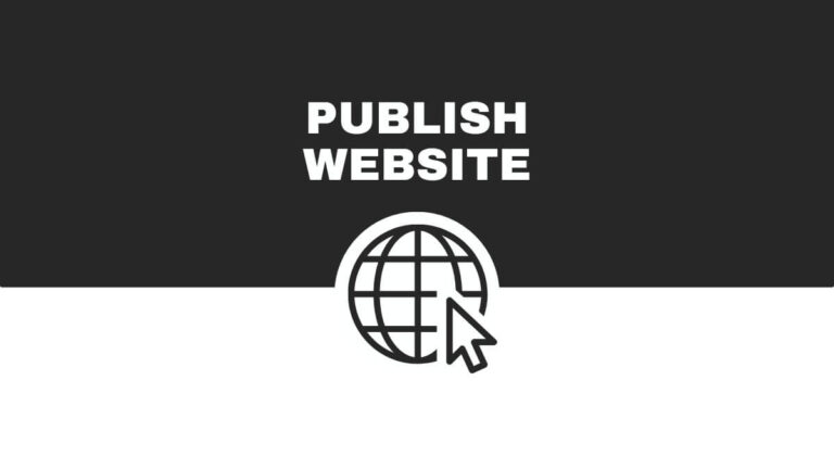 Black and white graphic features "PUBLISH WEBSITE" text above a globe icon with an arrow cursor, symbolizing internet publishing or launching a website.