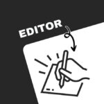 A black-and-white graphic with "EDITOR" text and line art of a hand drawing on paper, featuring an arrow pointer.