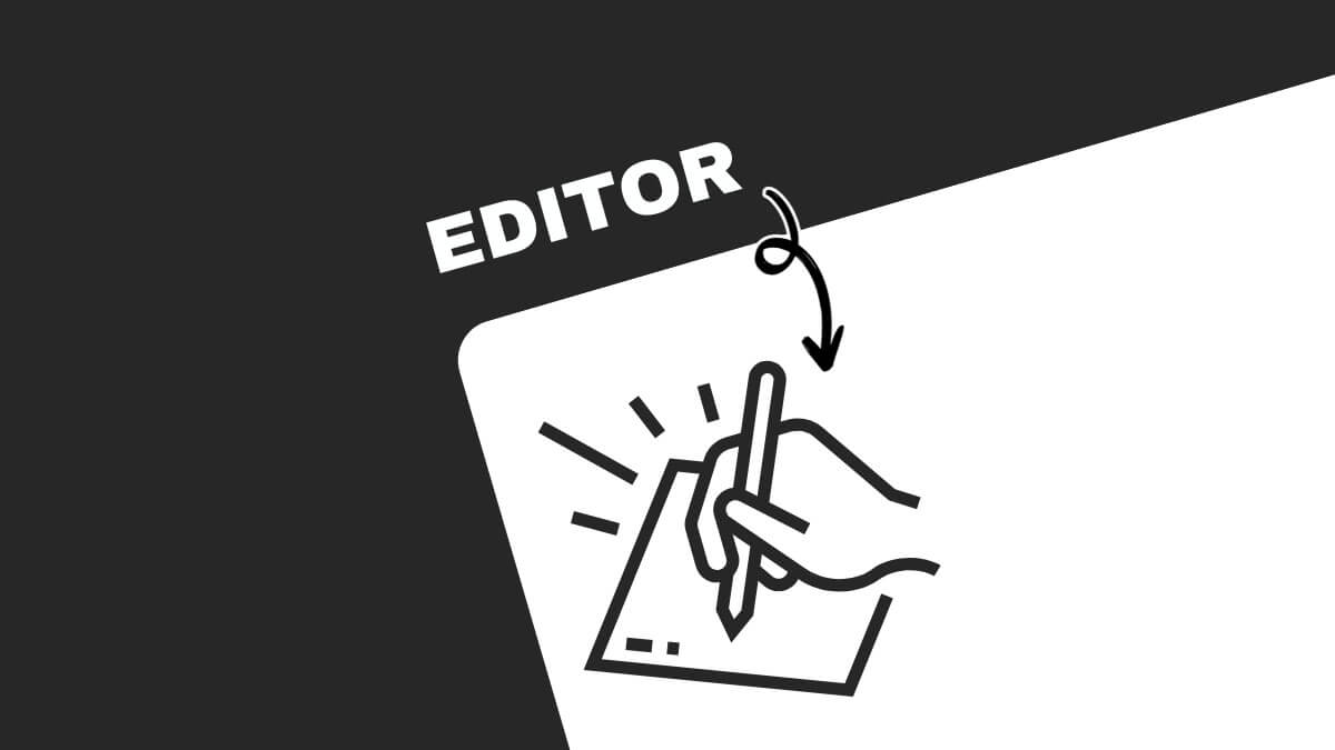 A black-and-white graphic with "EDITOR" text and line art of a hand drawing on paper, featuring an arrow pointer.