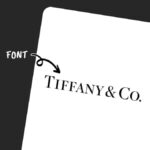 The image shows "TIFFANY & CO." logo with an arrow highlighting the font, on a white background with a diagonal black border.