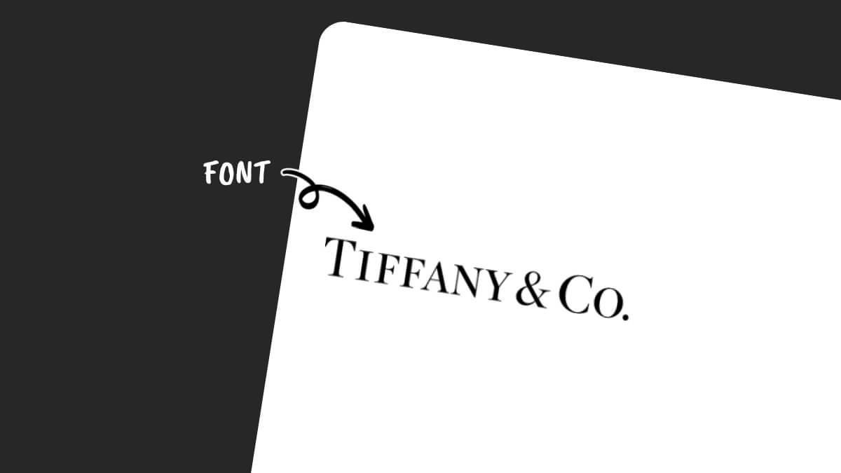 The image shows "TIFFANY & CO." logo with an arrow highlighting the font, on a white background with a diagonal black border.