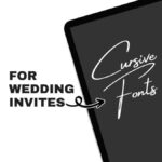 Black and white graphic promoting cursive fonts for wedding invitations, featuring stylish text and an arrow design.