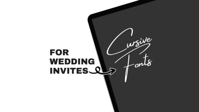 Black and white graphic promoting cursive fonts for wedding invitations, featuring stylish text and an arrow design.