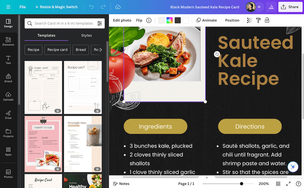 customize canva recipe card by changing images and text
