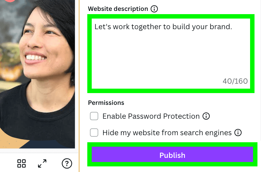 write website description and publish canva website