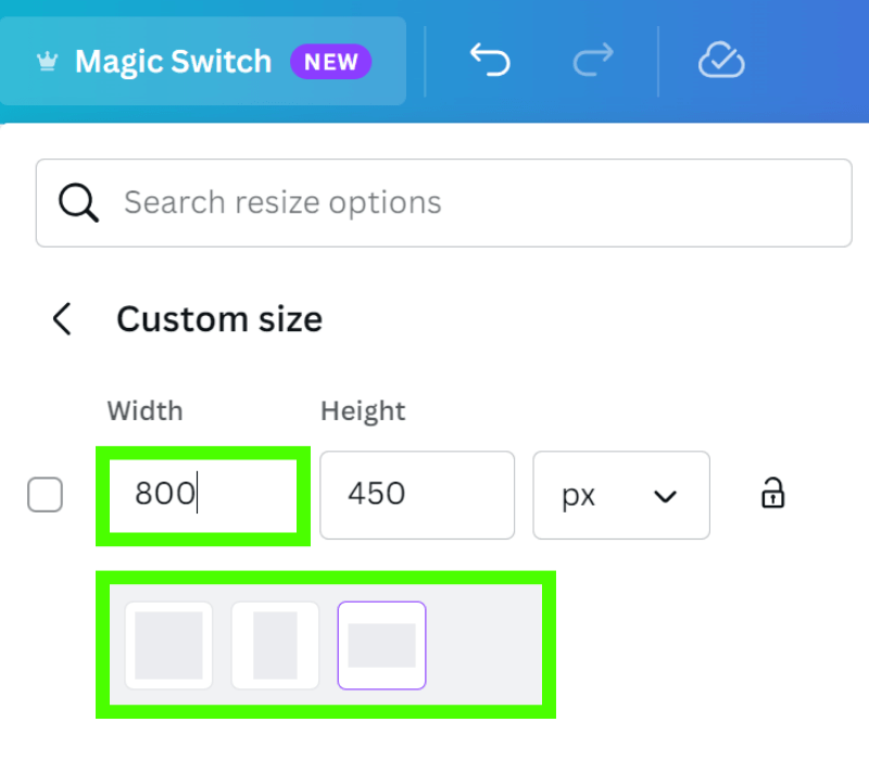 select orientation in custom size magic switch in canva