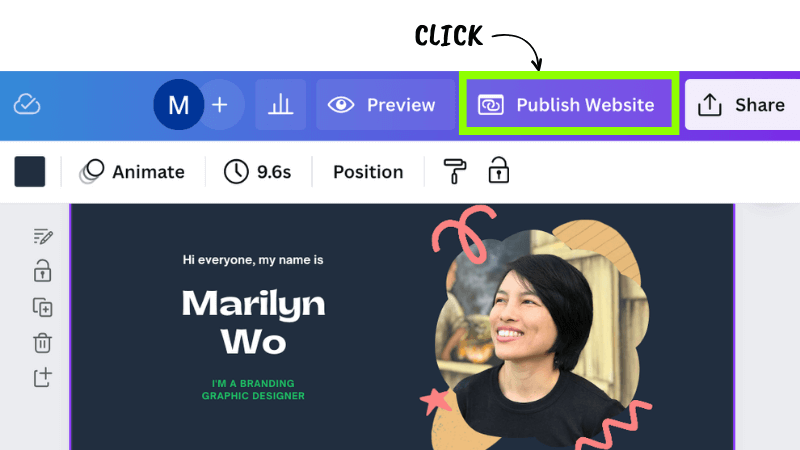 click publish website button in canva
