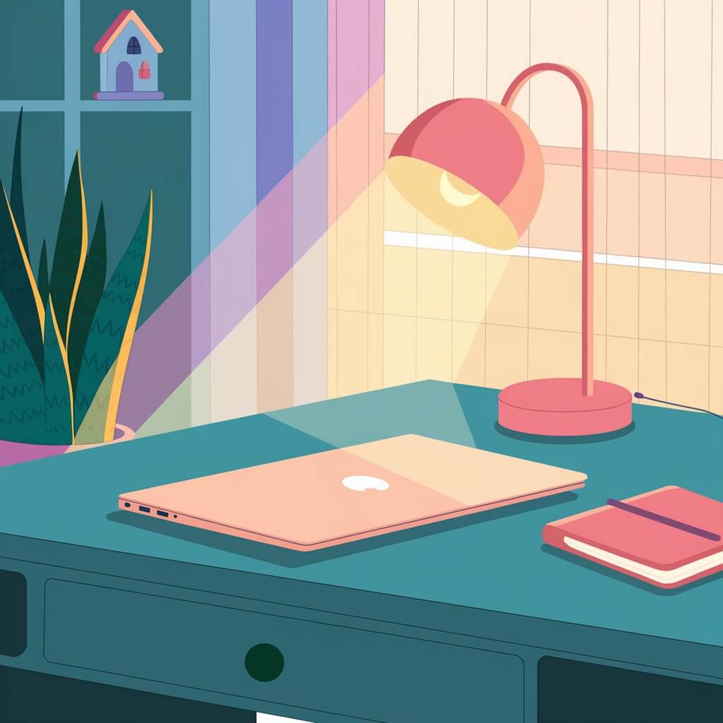 A colorful illustration of a desk with a closed laptop, pink notepad, lamp, plant, and window revealing sunlight. Cozy and organized workspace.