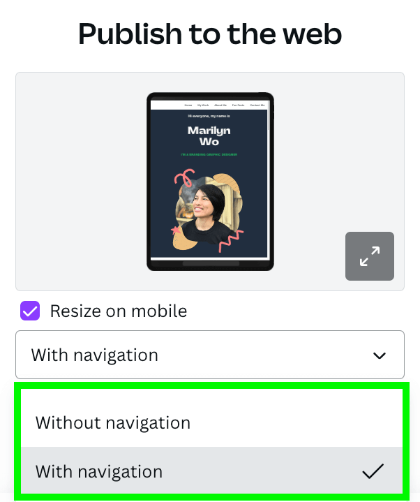 select with navigation and publish website on canva